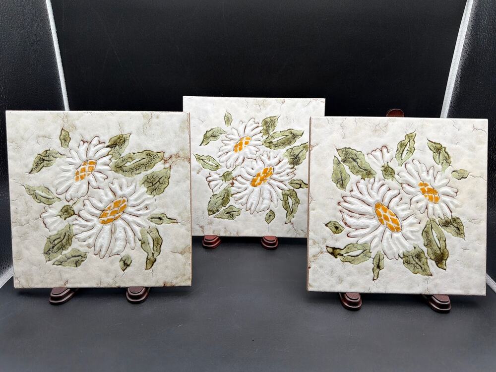Set of 3 Vintage Hand Painted Italian Ceramic Art Tiles 8x8 White Daisy Floral